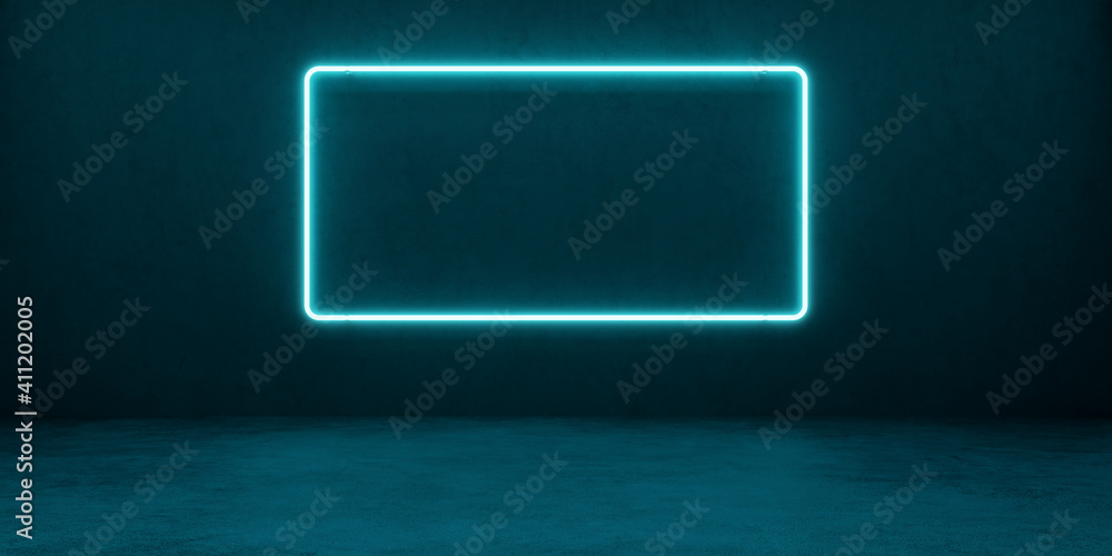 Neon rectangular glowing frame of blue color against a background of a concrete wall. Banner with blank space. 3 d render. Neon rectangular glowing frame of blue color against a background of a concrete wall. Banner with blank space. 3 d render.