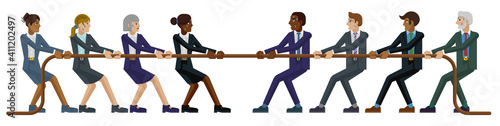 A tug of war rope pulling business people concept with team of men and of women fighting against each other. Concept for the struggle for equality or equal wages or pay in the workplace.