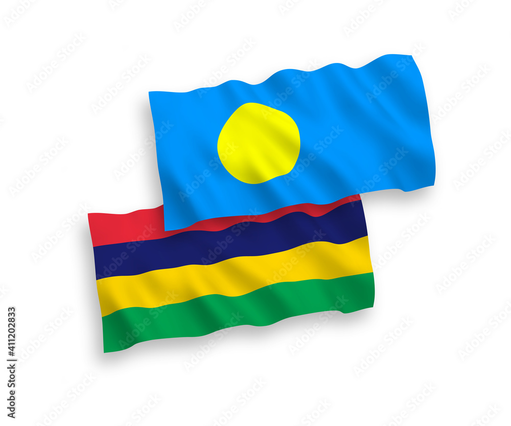 Obraz premium Flags of Palau and Republic of Mauritius on a white background