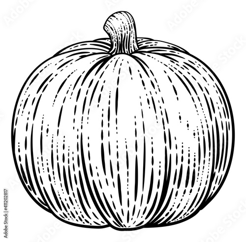 Pumpkin vegetable illustration in a vintage retro woodcut etching style.