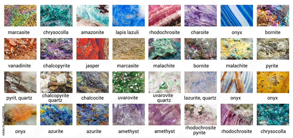 Collection of minerals. Beautiful surface of stones. Isolated over white background ( rhodochrosite,  charoite, lapis lazuli, amazonite,   chrysocolla, marcasite, onyx, bornite, vanadinite, jasper)