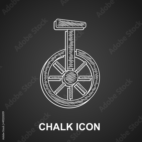 Chalk Unicycle or one wheel bicycle icon isolated on black background. Monowheel bicycle. Vector.