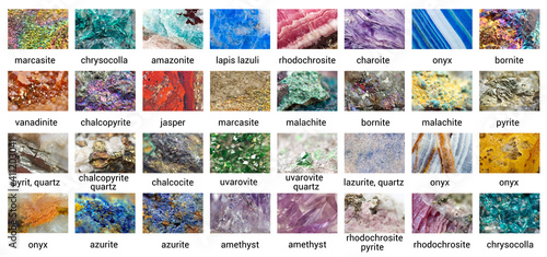 Collection of minerals. Beautiful surface of stones. Isolated over white background ( rhodochrosite, charoite, lapis lazuli, amazonite, chrysocolla, marcasite, onyx, bornite, vanadinite, jasper)