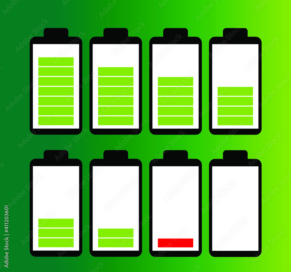 vector with set of batteries. flat illustration of batteries. gradation of used batteries. maximum battery capacity and minimum. batteries with different levels of use vector with set of batteries. flat illustration of batteries. gradation of used batteries. maximum battery capacity and minimum. batteries with different levels of use