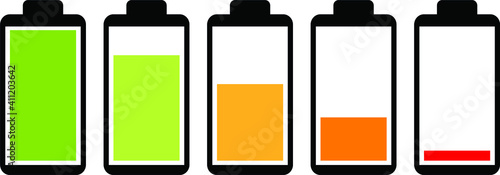 vector with set of batteries. flat illustration of batteries. gradation of used batteries. maximum battery capacity and minimum. batteries with different levels of use
