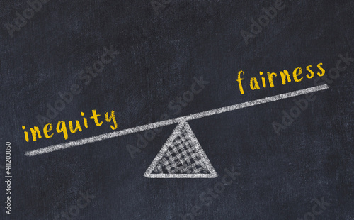 Chalk drawing of scales with words inequity and fairness. Concept of balance
