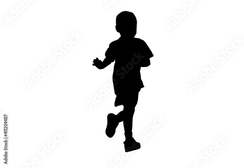 Silhouette kids running playing with white background with clipping path.