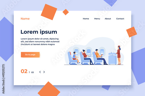 Air trip with comfort flat vector illustration. Passengers waiting for airline meal. People travelling by plane and sitting near airplane window. Airline, tourism and journey concept.