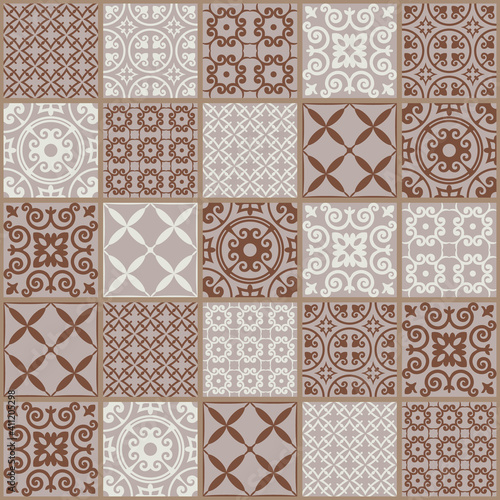 Seamless patchwork tile in brown and beige. Floral texture for wallpaper, floor surface, pattern fills. Vintage Illustration background.