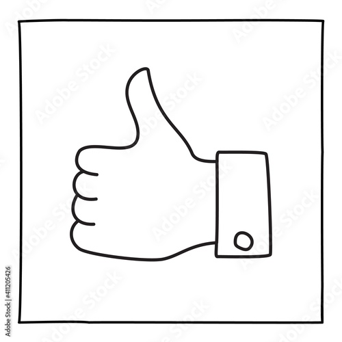Doodle thumbs up icon or logo hand drawn with thin line
