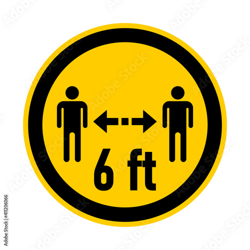 Keep Your Distance 6 ft or 6 Feet Round Coronavirus Warning Sticker or Badge Icon. Vector Image.