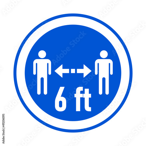 Keep Your Distance 6 ft or 6 Feet Round Coronavirus Warning Sticker or Badge Icon. Vector Image.