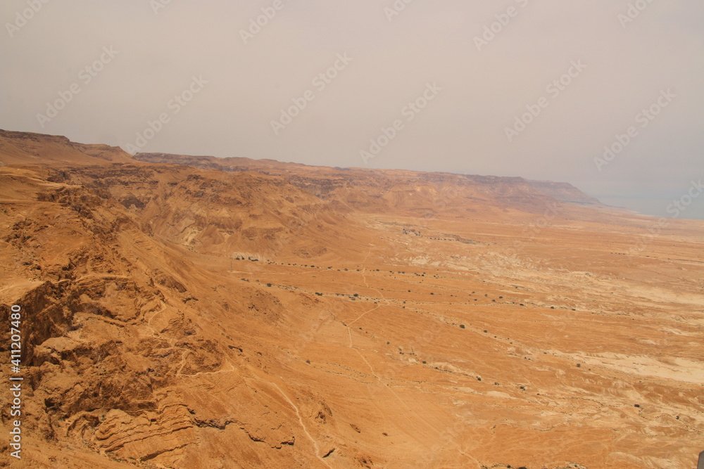 A view of the Israeli Desert and the Dead Sea near Masada