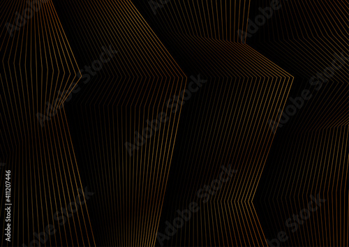Black abstract background with golden curved lines pattern. Geometric vector illustration