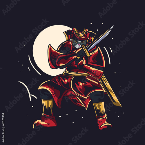 cute samurai cat illustration for t-shirt