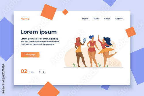 Happy girls admiring their bodies flat vector illustration. Body positive female characters smiling each other. Active women with plus size figures. Different beauty, fashion and healthy lifestyle
