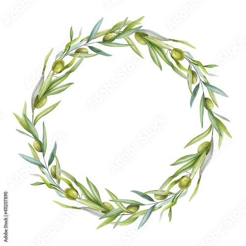 Olive branch and leaves wreath watercolor image. Botanical floral realistic olive leaf and fruit decorative round. Hand drawn elegant natural vine wreath. Organic mediterranean plant close up decor.