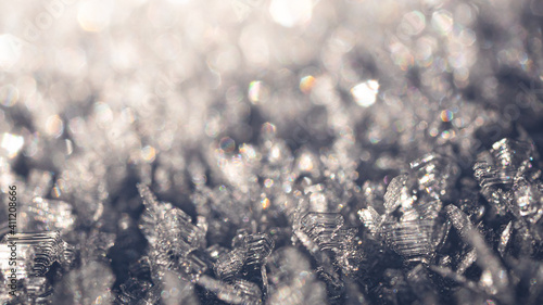 Close up of tiny ice crystals perching from the snowy woodlands. A winter season conceptual photo. © Anders
