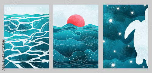 Creative aesthetic posters in Japanese vintage style. A4 vertical illustrations. Set of three backgrounds with watercolor texture and traditional pattern, thin lines, sea, sun, waves, turtle.
