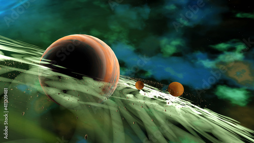 Three alien distant planets in outer space. 