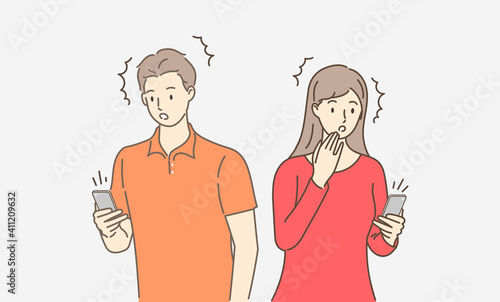 Couple man holding mobile and surprised while received shocking news. Hand draw style. Vector illustration.