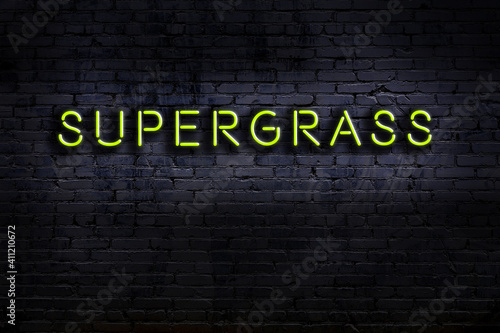 Neon sign. Word supergrass against brick wall. Night view photo