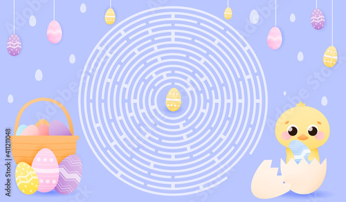 Easter maze for kids with cute chick character holding painted egg and sitting in egg shell, colourful childish riddle on pastel blue background for childrens book or worksheet