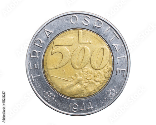 five hundred san marino lira coin on a white isolated background