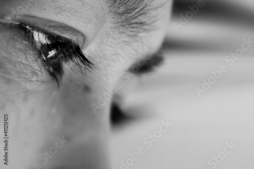 black and white photo of human eye
