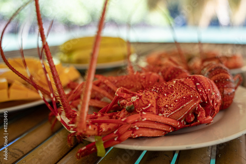 Selective focus shot of delicious lobsters on a plate