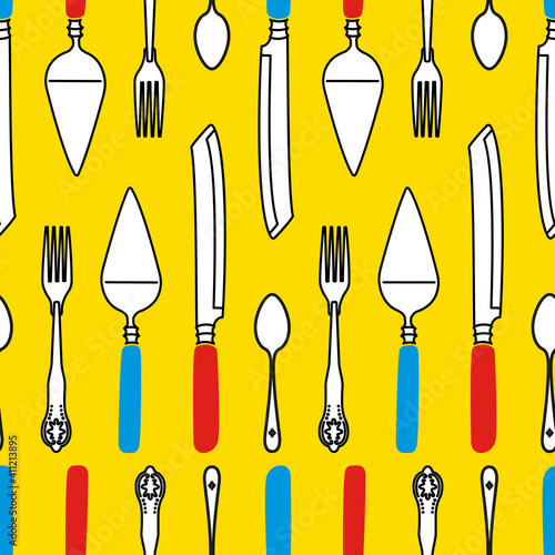 Colourful seamless pattern consisting line art illustrations of cutlery in black, white, red and blue on a bright yellow background.