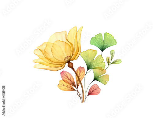 Watercolor Rose bouquet. Transparent yellow flowers with green ginkgo leaves isolated on white. Hand painted modern arrangement. Botanical illustration for cards, wedding design