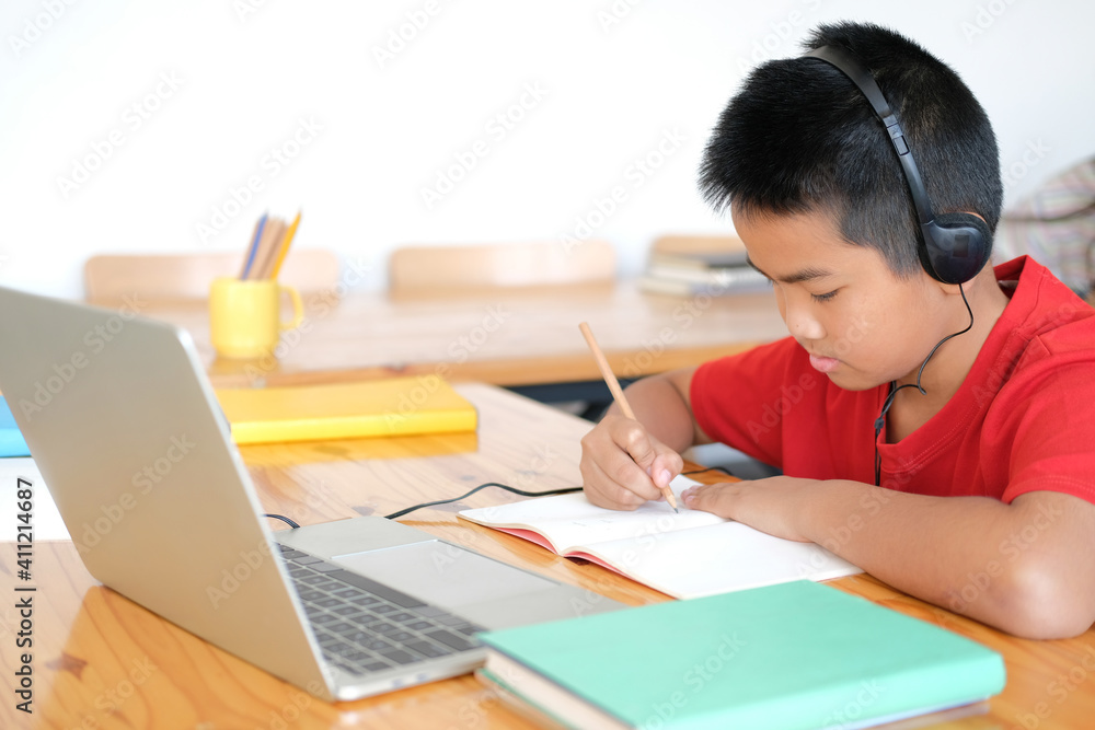 boy student studying learning lesson online. remote meeting distance education at home boy student studying learning lesson online. remote meeting distance education at home