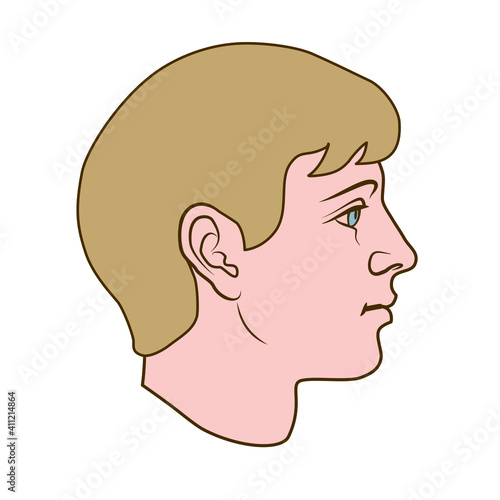 Hand drawn model of human head in side view. Blond haired, gender neutral face. Colored flat vector drawing isolated on white background. EPS 8.