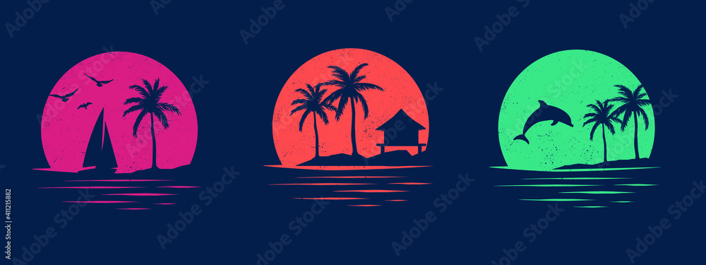 Collection of vector graphics with holiday themes. Set of designs for apparel. Silhouettes of dolphin, beach, palm trees, birds and yachts. - obrazy, fototapety, plakaty 