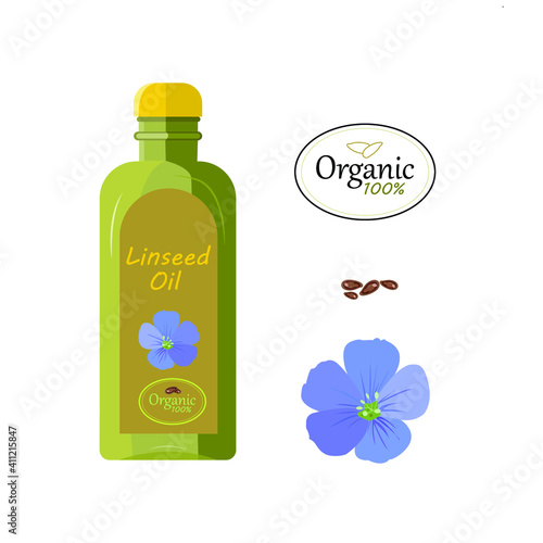 Bottle of linseed oil text  linseed oil and organic 100%,  isolated flax flower and flax seeds on a white background. Vector illustration