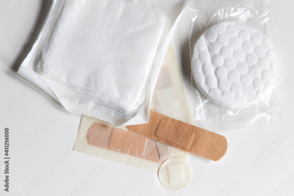 gauze, cotton and different types of bandaids Stock Photo Adobe Stock