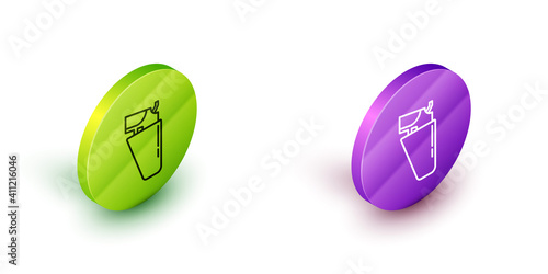 Isometric line Revolver gun in holster icon isolated on white background. Green and purple circle buttons. Vector.