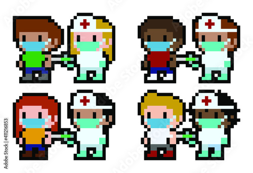 Cute 8-bit pixel people being vaccinated