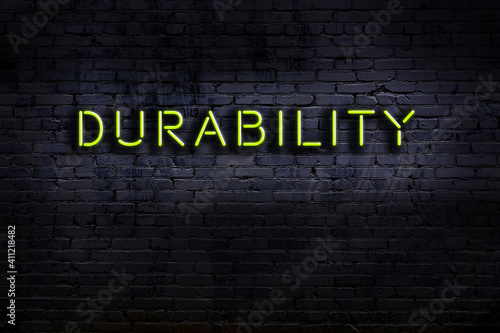 Night view of neon sign on brick wall with inscription durability