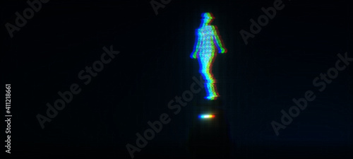 Tela Abstract female figure glowing with neon light on a dark blue background