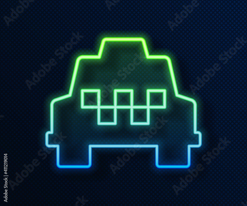 Glowing neon line Taxi car icon isolated on blue background. Vector.