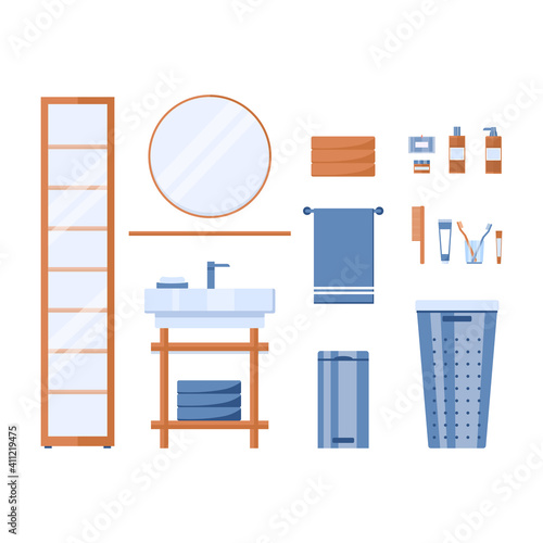 set of vector elements in the bathroom isolated on a white background. Round mirror, wardrobe, towel, toothbrushes in a glass, laundry basket, sink, soap, creams, trash can, aroma candle in a glass