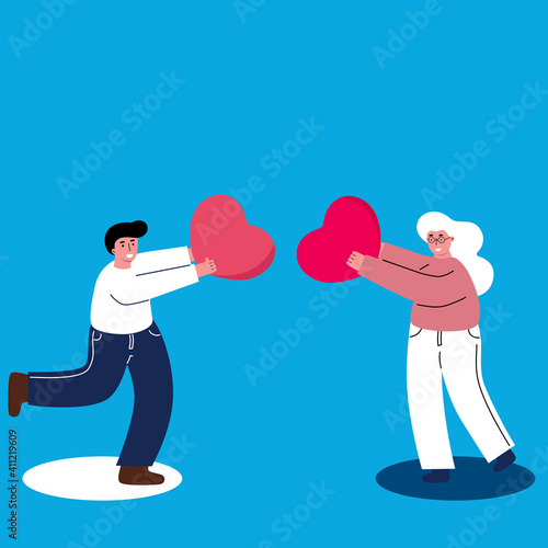 The cute couple holding heart shape for exchange with each other. Vector illustration in flat cartoon design. Concept Valentine’s day flirty teenager. 