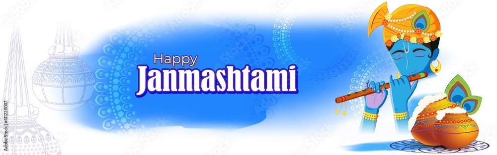 vector illustration for Indian festival Janmashtami, birth of lord Krishna (Hindu god), butter pots, flute on colorful abstract background vector illustration for Indian festival Janmashtami, birth of lord Krishna (Hindu god), butter pots, flute on colorful abstract background