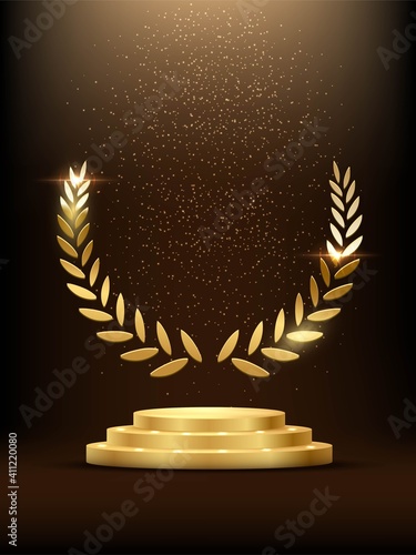 Golden podium with laurel glowing. Gold stage with glitter and light fog on dark background. Hollywood fame in film and cinema or championship in sport vector illustration