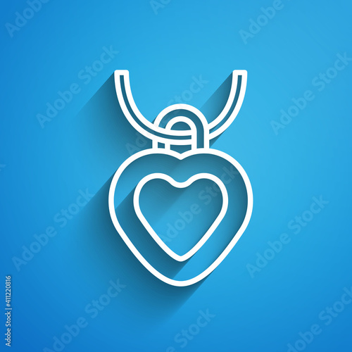 White line Necklace with heart shaped pendant icon isolated on blue background. Jewellery decoration. International Happy Women Day. Long shadow. Vector.