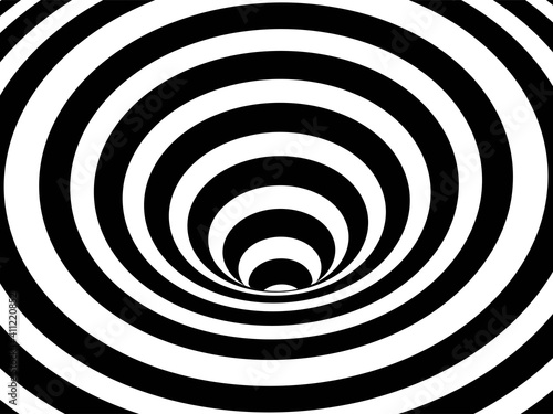 Striped crater on white background. Black stripes on modern circular geometric shape design vector illustration. Graphic optical illusion vortex effect