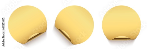 Gold glued round stickers with golden back side curling set. 3d circular shaped blank paper labels vector illustration. Badges with shining peel effect