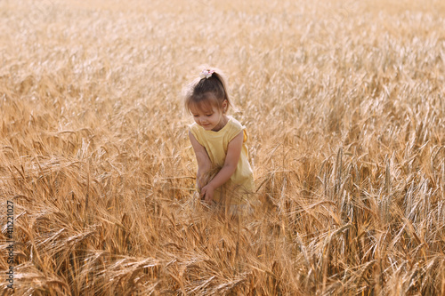 Beautiful happy child girl in a yellow dress on a wheat field rejoices. © Valentinka